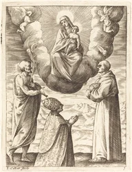 Bonifatius VIII. mit den Heiligen Franziskus und Crispin, die die Jungfrau und das Kind anbeten