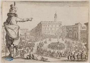 Les Caprices, Ein Fest auf der Piazza della Signoria in Florenz. Sechsundvierzigstes Blatt der in Nancy gestochenen Folge von 50 Blättern (Lieure 473, Meaume 859)