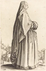 Edle Frau mit Schleier und pelzbesetztem Kleid
