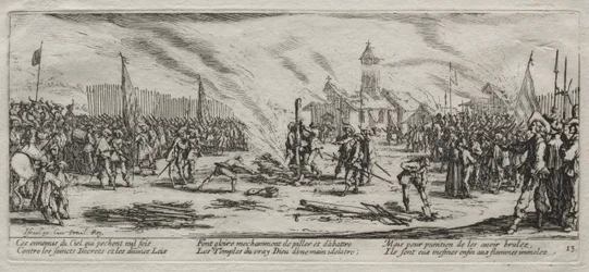 Die großen Elendnisse des Krieges: Verbrennung auf dem Scheiterhaufen, 1633