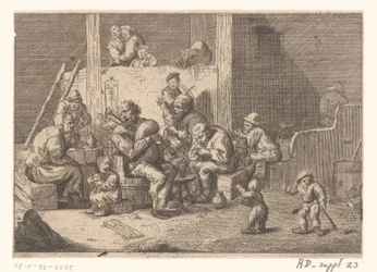 Interieur mit Dudelsack- und Geigenspieler und zwei Sängern