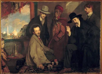 André Gide und seine Freunde im Café Maure der Weltausstellung von 1900 (Eugène Rouart; Charles Chanvin; Athman Ben Salah; Henri Ghéon). Gemälde von Jacques-Émile Blanche (1861-1942), 1900. Maße: 1,56x2,2 m. Rouen, Musée des Beaux-Arts