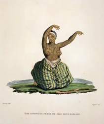 Tanzende Frau von der Insel Maui, auf den Hawaii-Inseln, graviert von Parfait Augrand (geb. 1782)