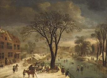 Winterszene mit Schlittschuhläufern auf einem zugefrorenen Fluss