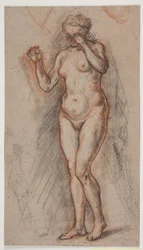 Weibliche Modelfigur mit erhobenen Armen, die linke vor den Augen