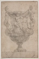 Prydvase mit Pan, Faun und Nymphe. Kopie nach Pl. 14 in der Suite der 1746 von Saly gezeichneten Vasen. "Vasa a se inventa..."