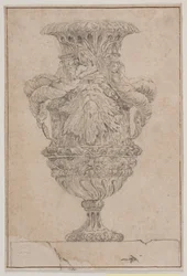 Zier-Vase mit großem Kopf, Meeresgott und Wassernymphe. Kopie nach Pl. 26 aus der Suite der 1746 von Saly gezeichneten Vasen. "Vasa a se inventa..."