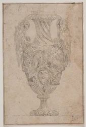 Zier-Vase mit zwei Eulen und einem Kopf. Kopie nach Pl. 15 aus der Suite der 1746 von Saly gezeichneten Vasen, "Vasa a se inventa..."