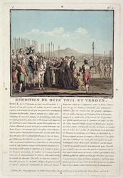 Henri II (1519-59) erhält die Schlüssel von Metz, Toul und Verdun (1552), graviert von Jean Baptiste Morret (fl.1790-1820), 1790