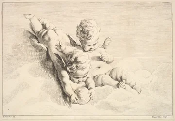 Zwei Cupidos, einer hält einen Ball