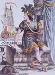 Titelseite der Enzyklopädie der Reisen von Jacques Grasset de Saint-Sauveur, eine Allegorie Amerikas darstellend