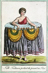Junge Frau bietet dem König Geschenke an, Tahiti, Gesellschaftsinseln