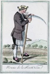 Mann aus dem Schwarzwald, der seine Sense für die Ernte schärft - in „Encyclopedia of Voyages“ von Grasset St Sauveur, ed. Deroy, Paris