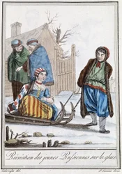 Freizeit der jungen Russinnen auf einem Schlitten (Russen) - in „Enzyklopädie der Reisen“ von Grasset Saint Sauveur, ed. Paris 1796