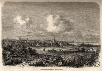 Gesamtansicht von Kopenhagen, Zeichnung von Jacques Guiaud (1810-1876), zur Illustration der Reise von J.M.Dargaud nach Dänemark (1800-1860) im Jahr 1860. Gravur in „Le tour du monde“, herausgegeben von Edouard Charton.