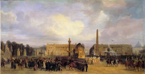 Die Rückkehr der Asche Napoleons I. (1769-1821) nach Paris am 15.12.1840: der Zug überquert die Place de la Concorde