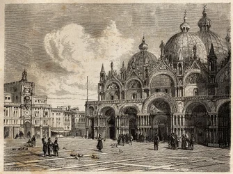 Der Platz und die Kirche von St. Markus, Zeichnung von Jacques Guiaud, zur Illustration der Reise von Adalbert de Beaumont nach Venedig, um 1850. Gravur in „Le tour du monde“, herausgegeben von Edouard Charton