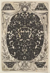 Ovales Anhänger dekoriert mit Schweifwerk, umgeben von kleineren Motiven und gekrönt von..., ca. 1614-19