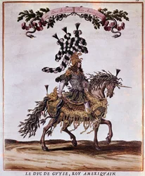 Manuskript des Karussells 1662. Der Herzog von Guise als amerikanischer König, der am Karussell von 1662 teilnimmt (Fest in Paris unter der Herrschaft von Ludwig XIV.). Illustration von Jacques I Bailly (1629 - 1679)