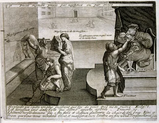 17. Jahrhundert gravierte Illustration aus einer Sammlung von Sprichwörtern. Paris 1657-1663. Von Jacques Lagniet (1620-1675). Französischer Graveur. Von ihm viele sozialkritische Gravuren und Spottbilder wie seine manchmal grotesken und fantastischen Illu