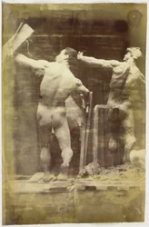 Studie eines männlichen Aktmodells, von hinten gesehen und mit der Hand in einem Gestell, neben einem Gipsmodell in genau derselben Pose, im Atelier von Jacques de Lalaing