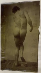 Studie eines männlichen Aktmodells, stehend und von hinten gesehen, im Atelier von Jacques de Lalaing
