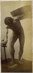 Studie eines männlichen Aktmodells, stehend gebeugt mit Schwert und Schild in den Händen, im Atelier von Jacques de Lalaing