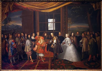 Dreißigjähriger Krieg: Treffen des Königs von Frankreich Ludwig XIV. (1638-1715) und Philipp IV. von Spanien (1605-1665) auf der Insel der Pässe am 7.11.1659. Spanien stimmt zu, den Pyrenäenfrieden zu unterzeichnen. Die Tochter von Philipp IV., Marie There