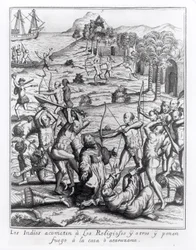 Die Indianer greifen die Priester und andere an und setzen ihre Häuser in Brand, Gravur aus 