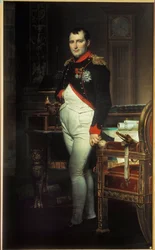Ganzkörperporträt von Napoleon I. (1769-1821) in seinem Arbeitszimmer in den Tuilerien. Gemälde von Jacques Louis David (1748-1825) 1812. Privatsammlung.
