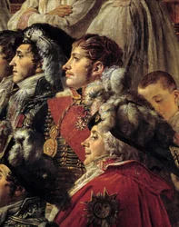 Die Krönung Napoleons. Detail mit Auguste Jean-Gabriel de Caulaincourt (1777-1809), Eugène Rose de Beauharnais, genannt Prinz Eugène (1781-1824), und Charles Maurice de Talleyrand-Périgord, genannt Talleyrand (1754-1838), während der Weihe Kaiser