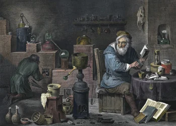 Der Alchemist. Gravur von Jacques-Louis Pérée. 17. Jahrhundert.