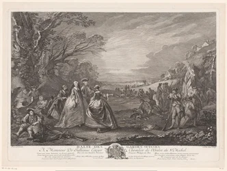 Landschaft mit vier Figuren, die ein Lager besuchen