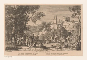 Landschaft mit Gruppe von Menschen, die einem Weitsprungwettbewerb zuschauen