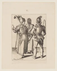 Ein Grandee in östlicher Kleidung, ein Mann mit einem Hahn an seinem Gürtel und eine verschleierte Frau, die den Rumbling-Pot spielt, aus Die Maskeraden