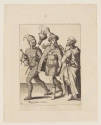 Ein alter Mummer spricht ein Paar in Blättern und Vogelfedern an, aus The Masquerades