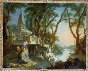 Komponierte Landschaft oder „Der Fluss“. Pyramidenbrunnen mit Neptunstatue, zerbrochen. Gemälde von Jacques de Lajoue, 18. Jahrhundert
