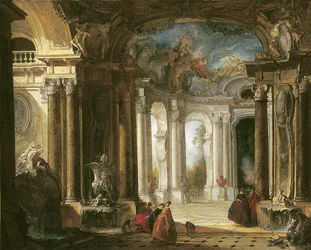 Das Innere eines barocken Palastes mit eleganter Gesellschaft bei Brunnen