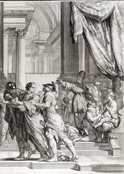 Jojada, Hohepriester von Jerusalem, verkündet Prinz Joasch als König von Juda, Szene aus 