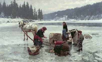 Frauen waschen Wäsche durch ein Loch im Eis