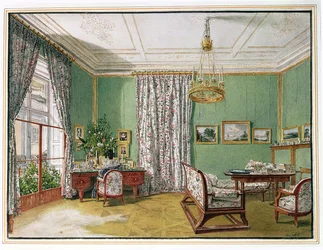 Eine Dame an ihrem Schreibtisch in einem Biedermeier-Wohnzimmer, ca. 1821