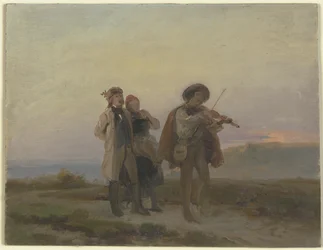 Abendlicher Spaziergang, Geiger und Bauernpaar auf den Feldern