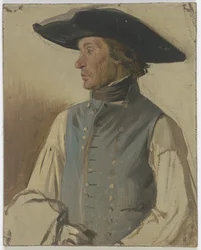 Bauer mit großem Hut und blauer Weste