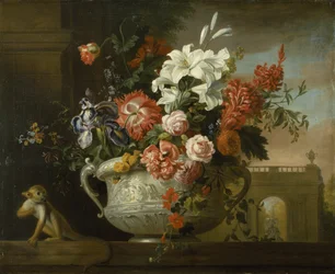 Stillleben mit Blumen in einer Urne, mit einem Affen, auf einem Sims, ca. 1699