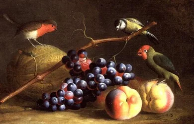 Drei Vögel mit Pfirsichen, Trauben und einer Melone