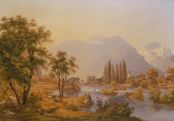 Ein Blick auf den Fluss Aare und Interlaken mit der Kirche des Klosters