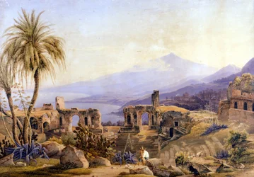 Taormina in Sizilien: die Ruinen und der Ätna. Gemälde von Jacob Suter, um 1850