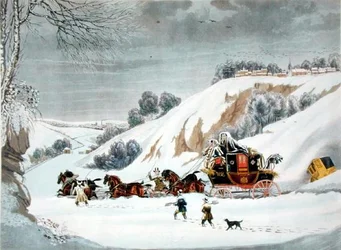 Ein Postwagen im tiefen Schnee, graviert von George Hunt