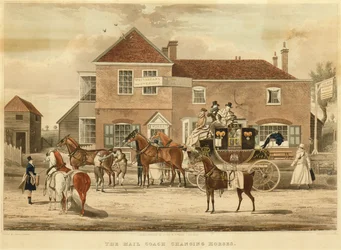 Der Postkutschenwechsel der Pferde, ca. 1825 (Gravur)