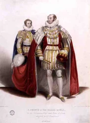 Ein Prinz von königlichem Geblüt im Krönungsgewand und Staatsornat, begleitet von seinem Schlepenträger